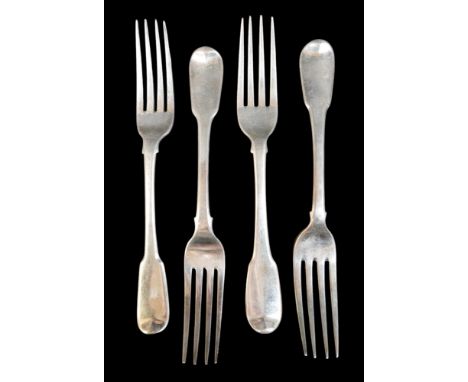Four George III silver fiddle pattern table forks, with armorial crests, William Eley I, William Fearn & William Chawne, Lond