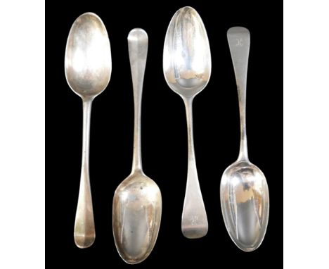 Four George II and later silver table spoons, comprising two rat tail pattern spoons, Alexander Gardner, Edinburgh 1756, 21.5