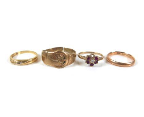 Four 9ct gold rings, total 6.7 g, band size I. (4)One ring is cut, another has a stone missing. 