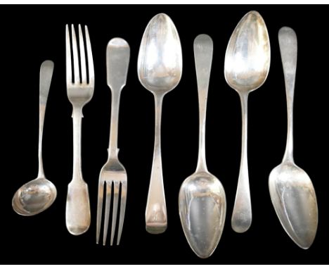 Six pieces of George III and later Scottish and Irish silver flatware, including Table spoons together with an old English pa