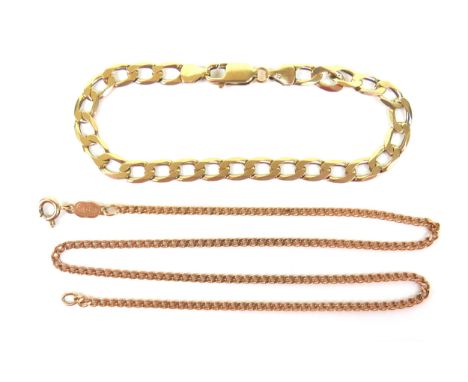 Two pieces of 9ct gold jewellery, a chain necklace, 39cm long, a flat link bracelet, 19.3cm long, 11.1g overall. (2) 