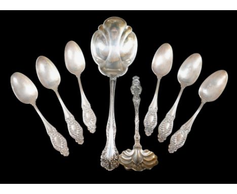 A collection of silver flatware, including a Lily pattern sauce ladle, Whiting Manufacturing Company, 14.5cm long, a serving 