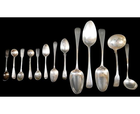 A collection of assorted Georgian silver flatware, including a George III sauce ladle, William & Patrick Cunningham, Edinburg