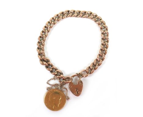 An Edward VII gold sovereign, 1907, and a 9ct gold chain bracelet with padlock clasp, chain 20cm long, 23.3g gross. 