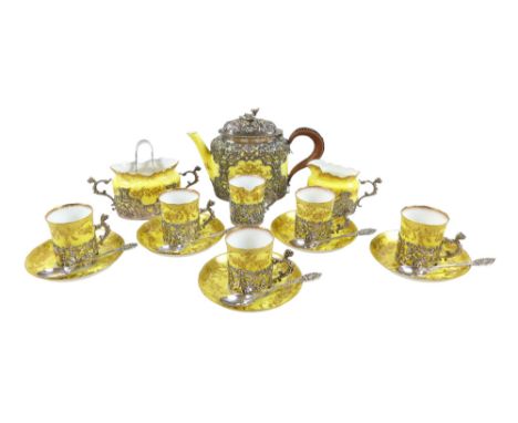 A Victorian Staffordshire china and silver-mounted porcelain tea / coffee service, decorated with yellow ground and gilt c sc