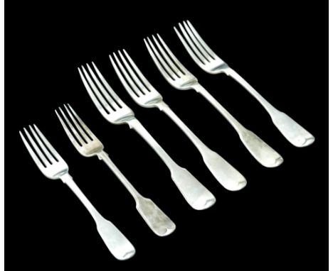 A group of George III and later silver forks, including a pair of George III fiddler pattern table forks, William Eley & Will