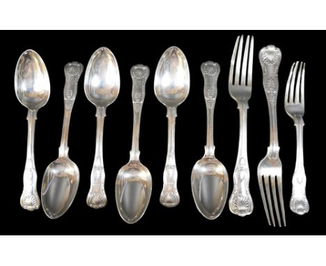 Nine pieces of William IV silver Kings pattern flatware, comprising, six dessert spoons, two table forks and one dessert fork