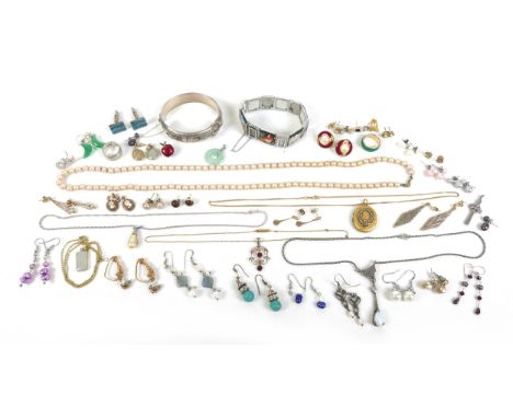 A small group of costume jewellery, including some gold and silver, a 9k gold floral pendant set with red/pink stones, 32mm o