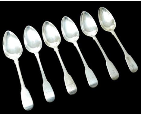 Six George III table spoons, comprising six fiddle pattern table spoons, with armorial crest to terminal, William Eley I, Wil