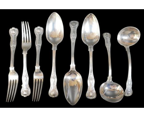 A collection of Victorian silver Kings pattern flatware, comprising of three table spoons, three table forks, two sauce ladle
