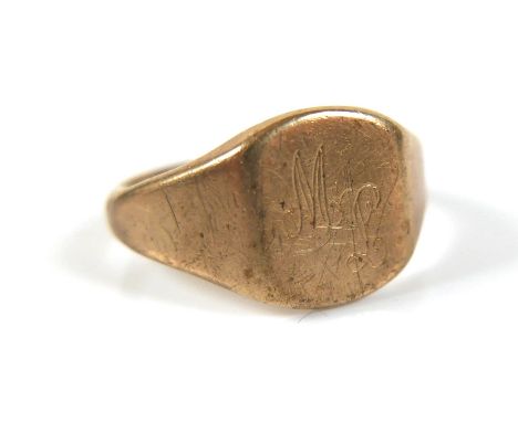 A 9ct gold signet ring, engraved with initials, possibly 'ML', size U, 5.9g. 