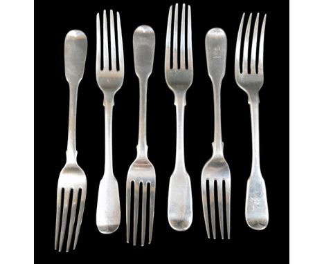 Six William IV and later fiddle pattern table forks, including three William IV, James Beebe, London 1830, together with thre
