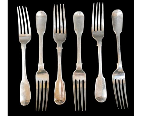 Six George III fiddle pattern table forks, comprising three with rubbed maker's marks, London 1805, and another set of three,