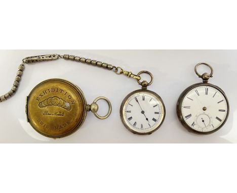 A group of three pocket watches/cases comprising a hallmarked silver pocket watch with enamel dial, a white metal engraved po