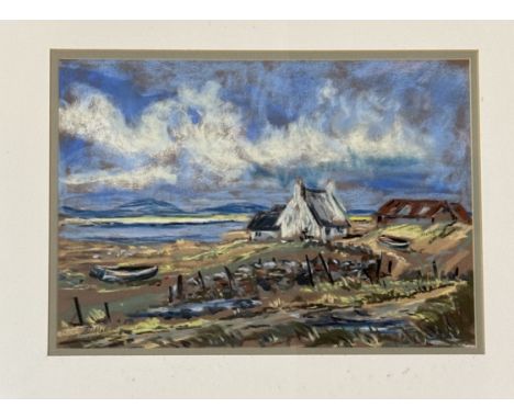 A.D.Mattick, Scottish seascape view with house to background, pastel on paper, signed bottom left, framed. (24cmx34.5cm)