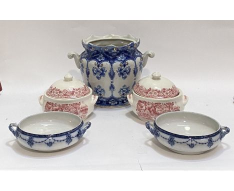 A Ringtons of Newcastle blue white and gilt ceramic jardiniere with twin scrolling handles, (H27cm) together with a pair of B