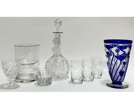 A mixed group of glassware comprising a cut crystal decanter (h- 33cm), five various glasses (three matching tumblers, a cut 
