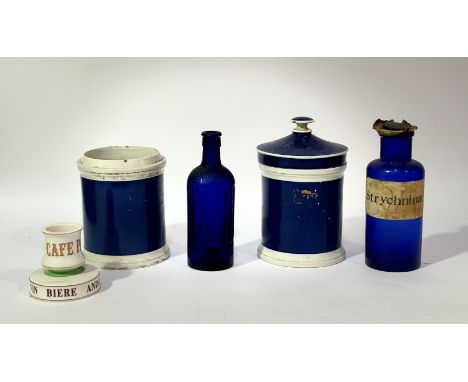 A mixed group of Apothecary/Chemist ware comprising, a blue clear glass bottle with ribbed panel titled "Poison" (h-19cm), a 