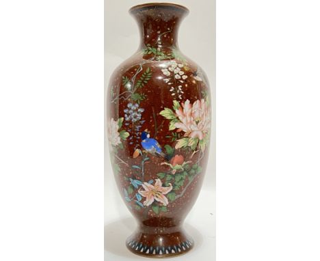A large Meiji/Taisho period Japanese cloisonne enamel vase depicting birds and flowers (lily, peony, wisteria etc...) against