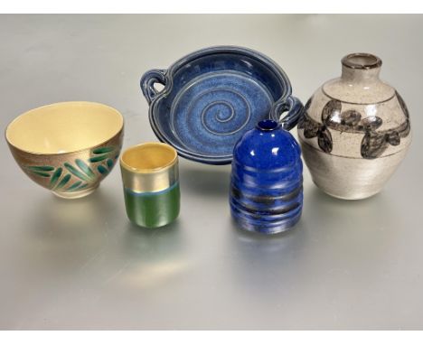 A collection of pottery and stoneware to include a blue-glazed two-handled dish D x 17cm, an ovoid pottery vase with oatmeal 