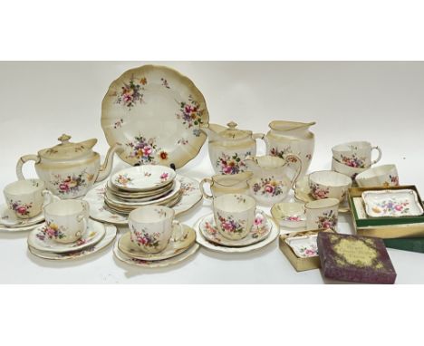 A Royal Crown Derby 'Derby Posies' pattern part tea/coffee set comprising two large plates (w- 27.5cm), seven cups (one broke