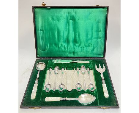 A fitted set of EPNS silver plated cutlery with mother of pearl handles comprising six tea spoons, tongs, tea strainer, butte