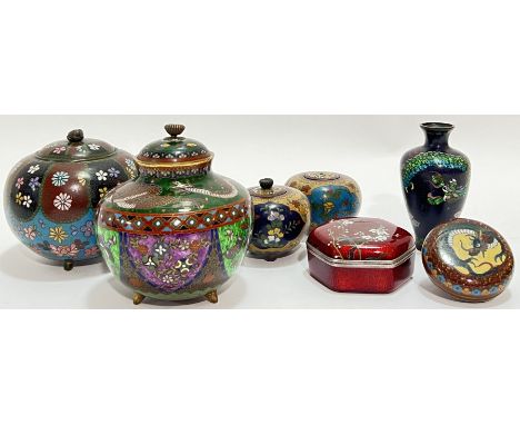 A group of Meiji period Japanese cloisonne enamel items comprising medium sized two lidded jars (larger h- 12.5cm, w- 11.5cm)