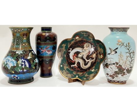 A group of Meiji period Japanese cloisonne enamel items comprising a fine shosenjippo vase depicting birds and flowers agains