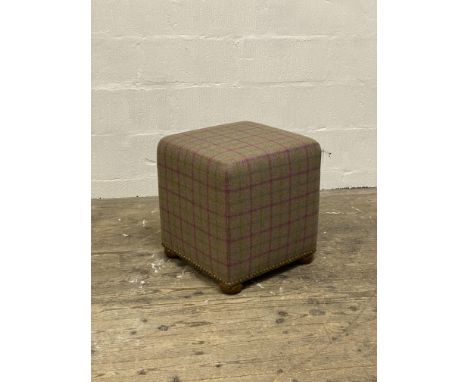 A contemporary cube stool, covered in Abraham Moon wool fabric. H50cm, W46cm.&nbsp;