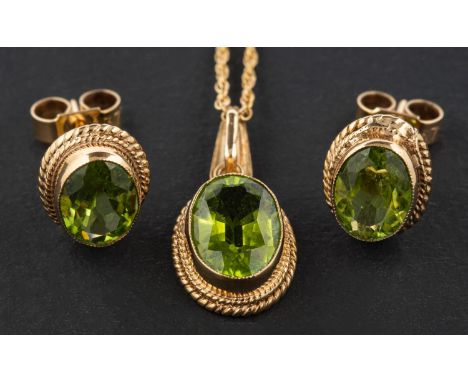 A 9ct gold, oval, mixed-cut peridot pendant and pair of ear studs, estimated weight of peridot to pendant ca. 1.65ct; the ear