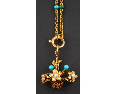 A turquoise, cultured and seed pearl giardinetti pendant, on a chain with turquoise and seed pearl spacers, length of pendant