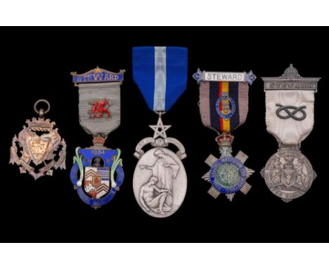 A collection of two silver and enamel and three silver Masonic jewels, some boxed.
