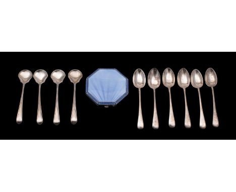 A mixed collection of silverwares, various makers and dates, includes six coffee spoons, four Georgian silver mustard spoons 