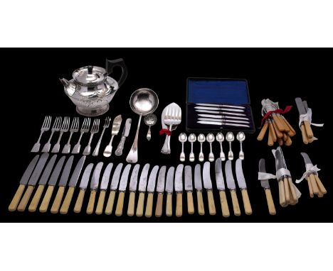 A small quantity of silver plated wares,  includes teapot, French soup ladle, sifting spoon cased set of fruit knives and bon