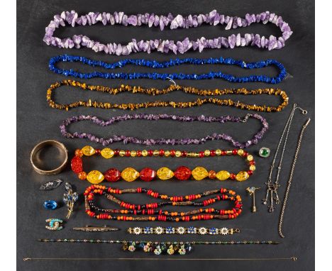 A collection of gold, silver, bead and paste jewellery, including, amongst others, a 9ct gold chain, a gold plated hinged ban