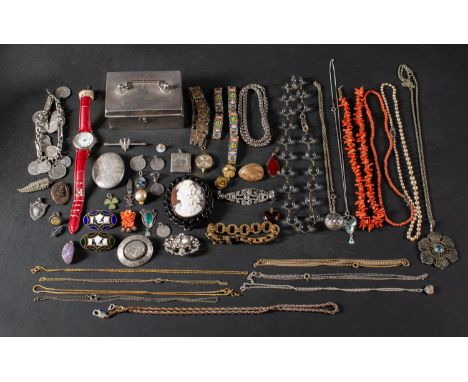 A collection of mainly costume and silver jewellery including amongst others;- a mesh-link bracelet with hand for clasp, a fi