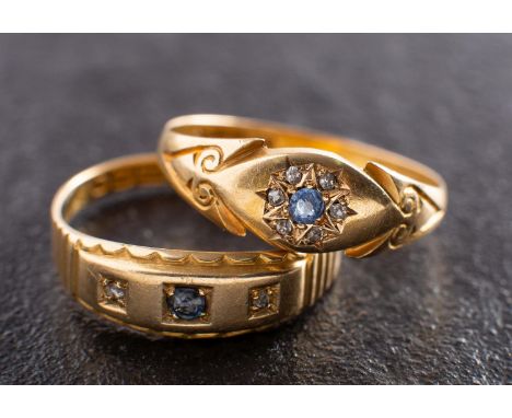 Two 18ct gold sapphire and diamond rings, including a sapphire and diamond cluster ring with hallmarks for Chester, 1908, rin