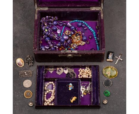 A collection of mainly costume jewellery together with a leather box, including two imitation pearl necklaces and a rose broo