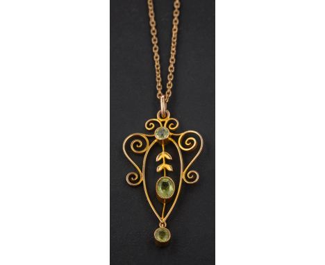 A cartouche-shaped, openwork, peridot pendant, together with a 9ct gold, bezel-link chain, length of pendant ca. 3.6cm, lengt