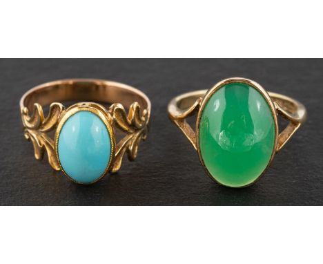 Two gemset rings, including a 9ct gold, oval, cabochon-cut chrysoprase ring, length of ring head ca. 1.5cm, ring size K; and 