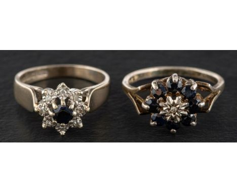 Two sapphire and diamond cluster rings, including a 9ct gold, sapphire and single-cut diamond ring, total estimated diamond w