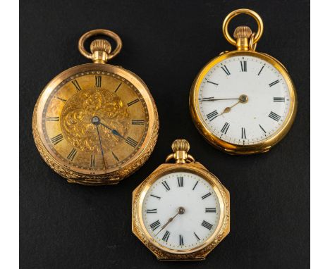 Three pocket watches, including one with white enamel dial with black Roman numerals, the outer case and inner cover with Swi