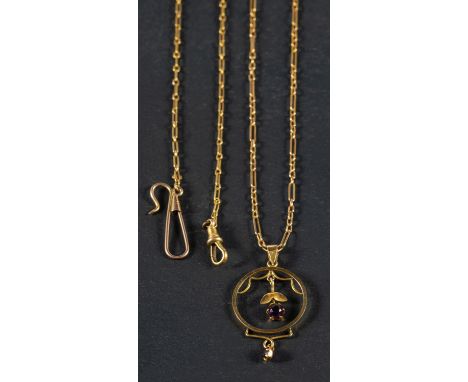 An amethyst pendant, a figaro-link chain and a link and bar watch chain with dog clip, the pendant, figaro-link chain and dog