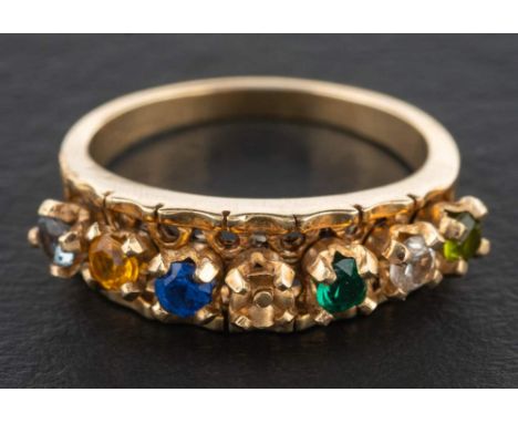 A ring set with vari-coloured, paste stones, length of ring head ca. 2.4cm, ring size P, total weight ca. 4.8gms.
