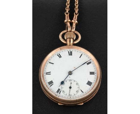 A 9ct gold open-faced pocket watch, the movement having a lever escapement and marked 413149, 7 Jewels, the white enamel dial