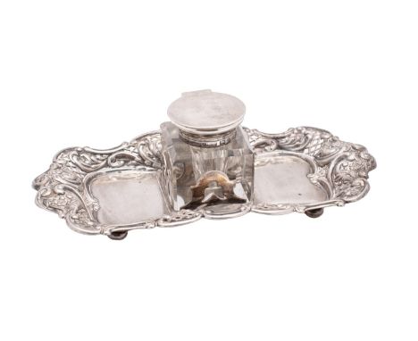 An Edward VII silver inkwell on stand, maker Johnson, Durban &amp; Co Ltd, Birmingham, 1901 of rectangular outline, with cent