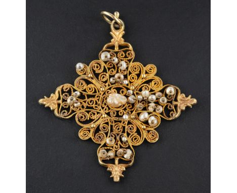 A filigreework pendant, of cruciform design, set with seed pearls, length (exl jump ring) ca. 6.3cm, total weight ca. 8.5gms.
