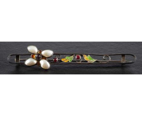 Attributed to George Hunt, an Arts and Crafts silver, blister pearl, garnet and enamel brooch depicting a floral spray within