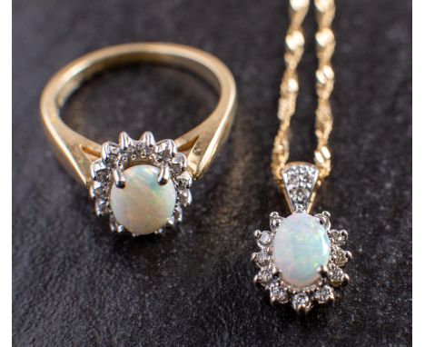 An oval, cabochon-cut opal and diamond cluster pendant and ring, the pendant and ring stamped '14K', length of ring head ca. 