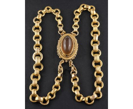 A 19th century, oval, cabochon-cut agate bracelet, with double-rowed modified, reeded belcher-link chain, total length ca. 18